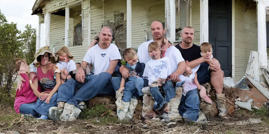 Prompt: photo of unusually small white redneck family sitting on front porch of dilapidated house,