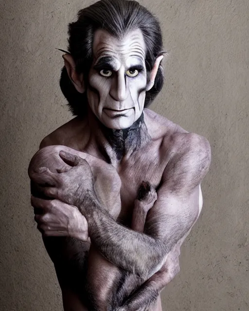 Prompt: actor Scott Bakula in Elaborate Pan Satyr Goat Man Makeup and prosthetics designed by Rick Baker, Hyperreal, Head Shots Photographed in the Style of Annie Leibovitz, Studio Lighting