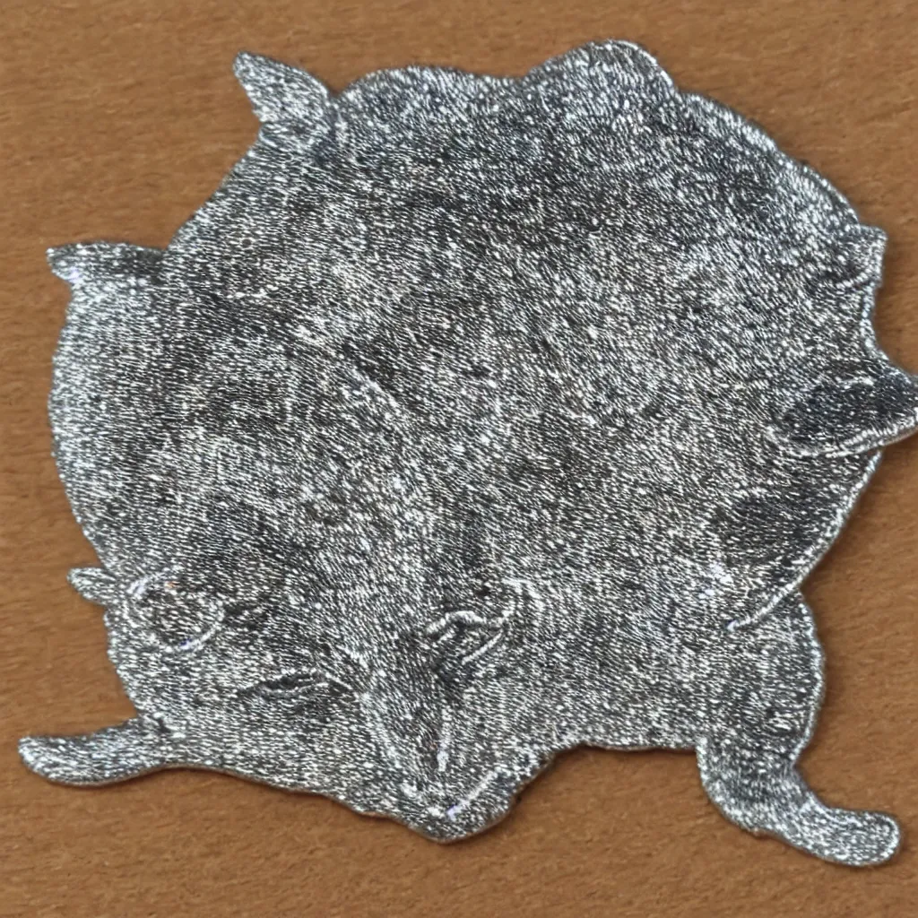Prompt: Silver embroidered cat brooch, realistic, clean,