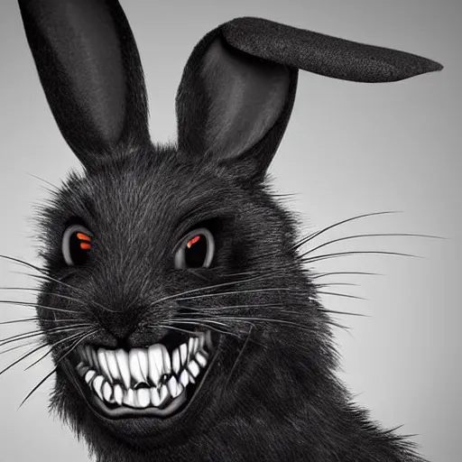 Image similar to A extremely highly detailed majestic hi-res beautiful, highly detailed head and shoulders portrait of a scary terrifying, horrifying, creepy evil black cartoon rabbit with scary big eyes, earing a shirt laughing in the style of Walt Disney