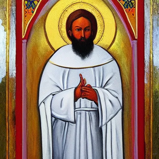 Image similar to habib rieziq shihab as saint with orthodox church styles painting,oil paint