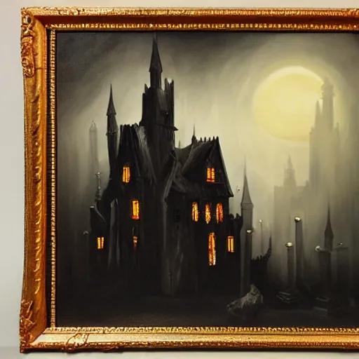 Prompt: dark and eerie gothic castle, extremely detailed, oil painting