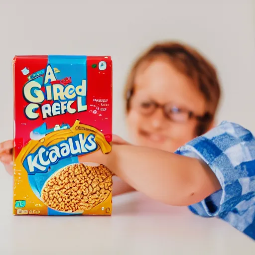 Image similar to a pack of cereal for kids, product photo,