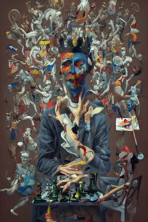Prompt: magnus carlsen as supreme king of chess, a surrealist painting by james jean, trending on cgsociety, pop surrealism, androgynous, grotesque, angular