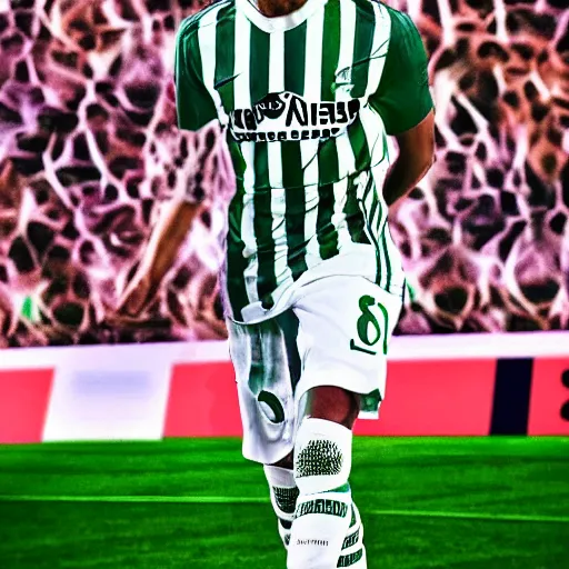 Image similar to kylian mbappe dressed with the betis football team shirt in the benito villamarin, 4 k extremely photorealistic, hyper detailed!!