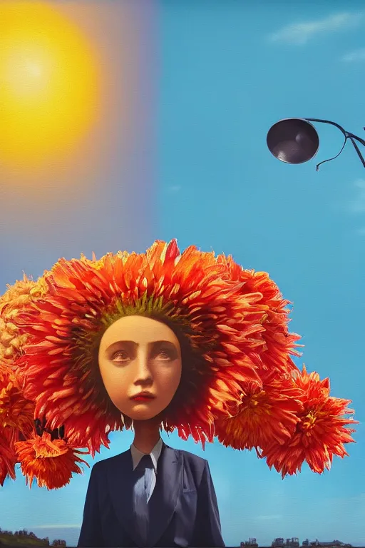 Image similar to closeup giant dahlia flower head, girl in a suit on a street, surreal photography, blue sky, sunrise, dramatic light, impressionist painting, digital painting, artstation, simon stalenhag