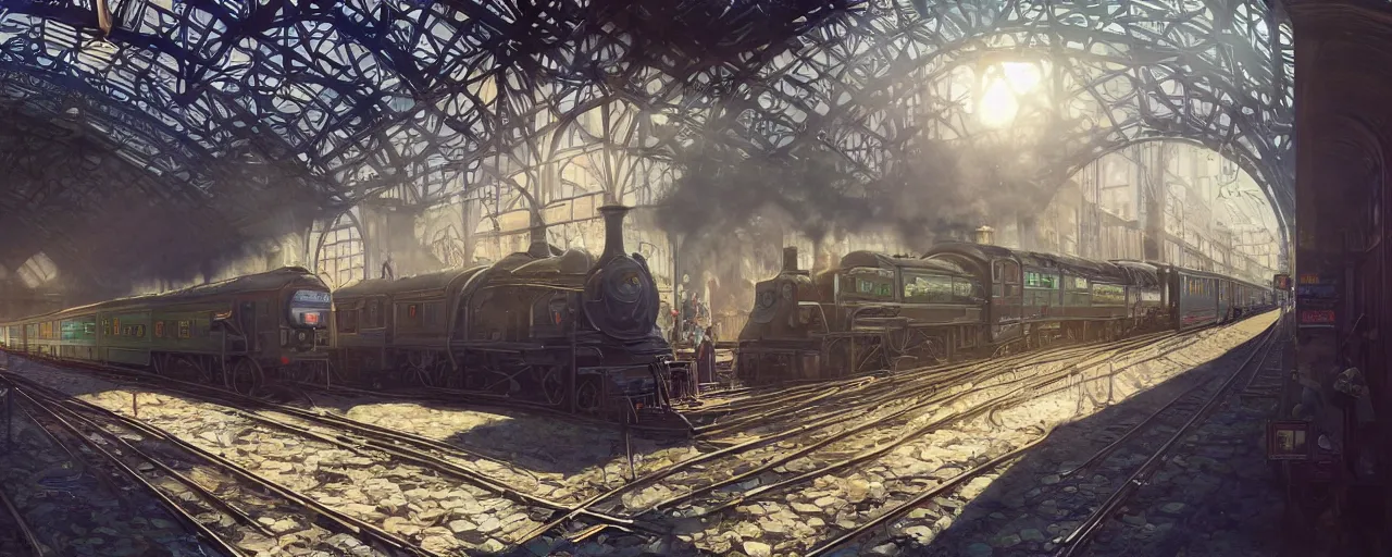 Image similar to photorealistic subway station with arriving steam trains, daylight, sunlight, lens flare, highly detailed, digital painting, artstation, concept art, smooth, sharp focus, 8k, photorealistic, 25mm f/1.7 ASPH Lens, ultra realistic steampunk illustration, art by greg rutkowski and alphonse mucha