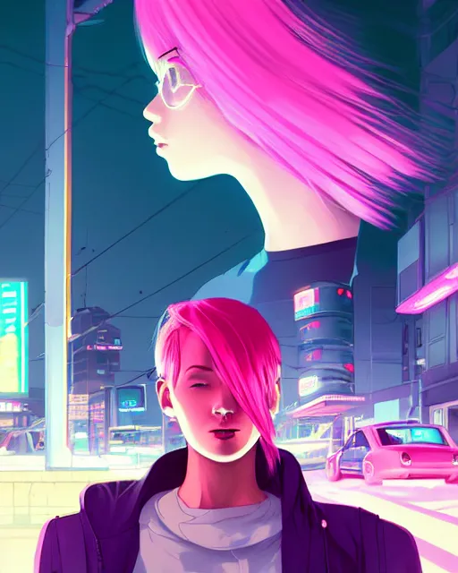 Image similar to digital illustration of cyberpunk pretty girl with pink hair, standing by a blue ford gt in a street at night, under streetlights, by makoto shinkai, ilya kuvshinov, lois van baarle, rossdraws, basquiat