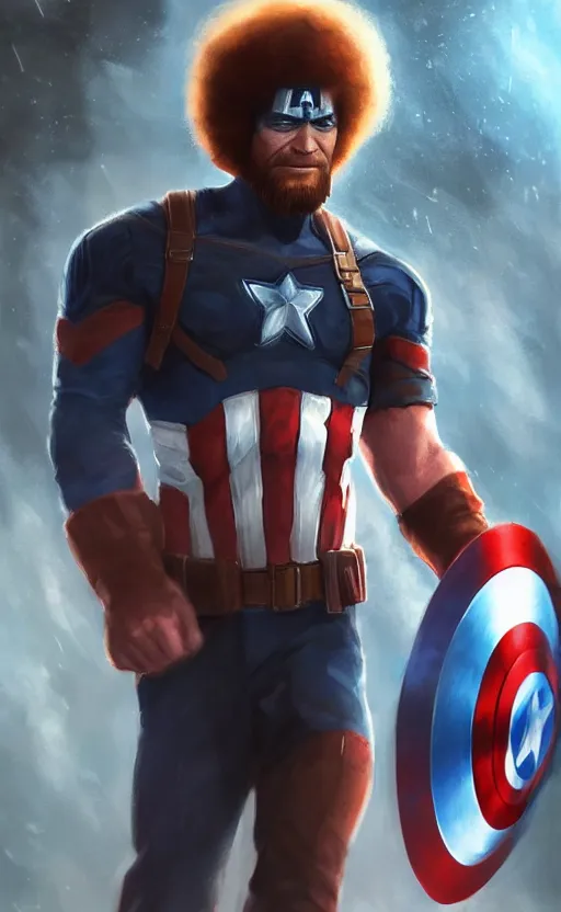 Image similar to bob ross as captain america, dynamic lighting, cinematic, ultra detailed, trending on art station, stunning visuals, creative, fantasy concept art