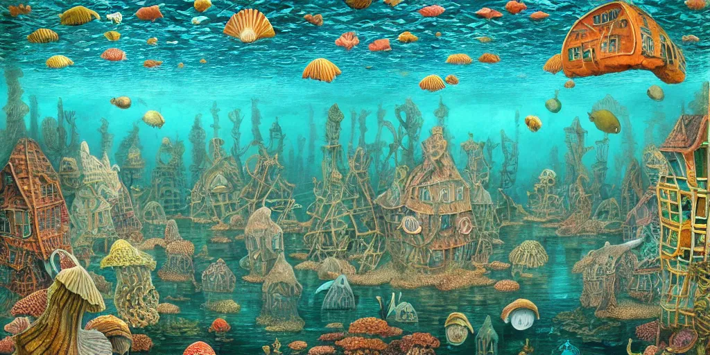 Image similar to underwater city inside!! the seashell, man in the swimming suit walks, seaweed, corals, carps, koi fish, small scandinavian!!! houses, little people!!!, by jacek yerka by levitan, surrealistic painting, masterpiece, oil painting, sharp focus, highly detailed, intricate, smooth, 8 k,