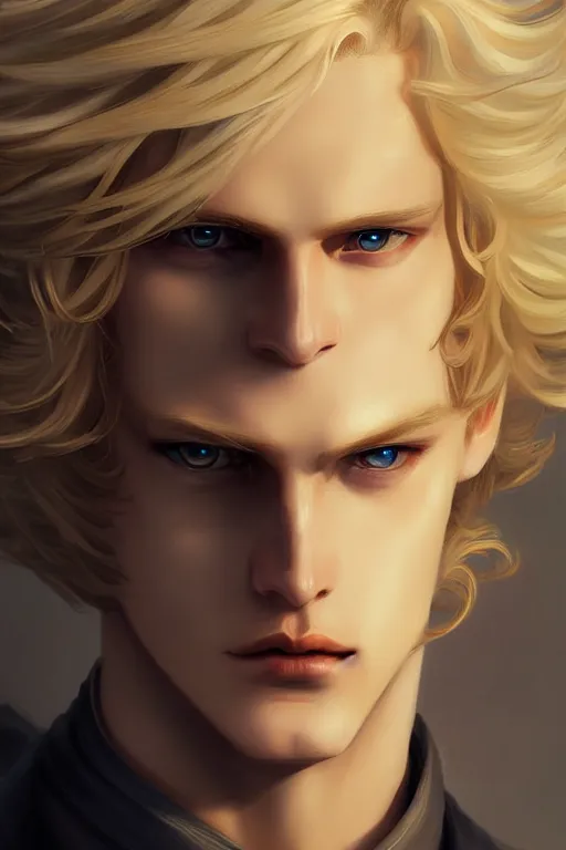 Image similar to digital art of a pale menacing male Cyborg Angel of Battle with fluffy blond curls of hair and piercing eyes, johan liebert mixed with Dante, central composition, he commands the fiery power of resonance and wrath, very very long blond curly hair, baroque curls, by WLOP, Artstation, CGsociety