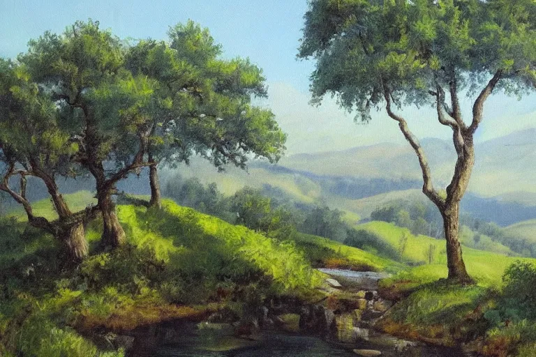 Prompt: masterpiece painting of oak trees on a hillside overlooking a creek, by jan schmuckal