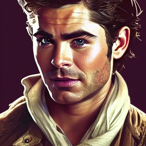 Image similar to A combination of Zac Efron's and Orlando Bloom's and Chris Pine's faces as Nathan Drake, western, D&D, fantasy, intricate, elegant, highly detailed, digital painting, artstation, concept art, matte, sharp focus, illustration, art by Artgerm and Greg Rutkowski and Alphonse Mucha