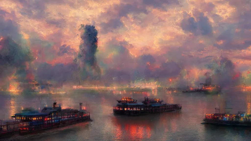 Image similar to a colorful steamboat on the mississippi, by yuumei, bayard wu, wlop, tim white, ross tran, 4 k