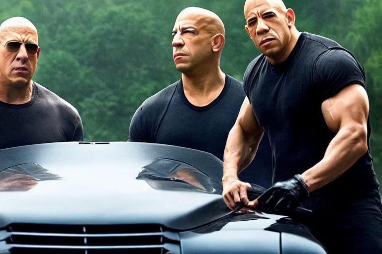 Image similar to movie still frame of steven seagal and vin diesel from the new fast & furious film, promotional image, symmetrical cinematic shot composition, stunning cinematography