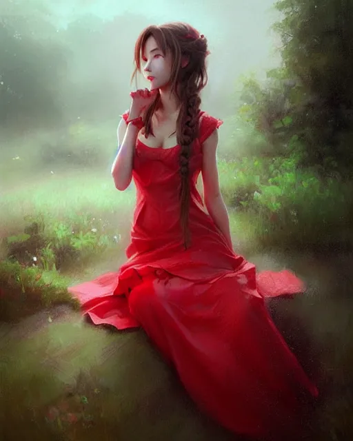 Image similar to aerith gainsborough in red cottagecore dress, portrait, illustration, rim light, top light, overcast cloudy weather, perfectly shaded, soft painting, art by krenz cushart and wenjun lin