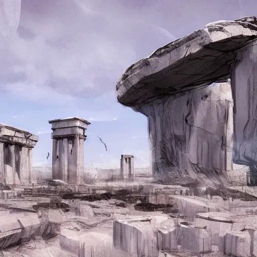 Image similar to concept art by ismail inceoglu of a small, white marble cliff in a meditereanian landscape, with stone henge on top