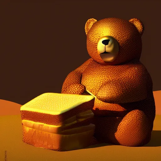 Prompt: [ bear ] eating [ a honey sandwich ] sitting on a picnic blanket trending on artstation 4 k intricate cgsociety contest winner award winning zbrush render vibrantly radiant lighting bloom effect golden ratio vignette