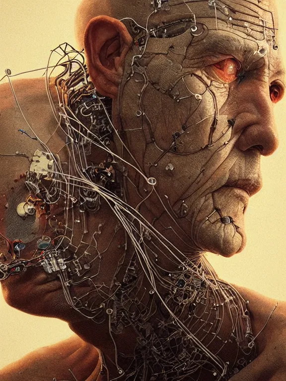 Image similar to portrait of old man, skin peeling to reveal robotic circuitry, wires, art by ryo shiotani and greg rutkowski, intricate, beautiful, portrait photography, cinematic lighting, vintage art by serge ivanoff, high resolution, very detailed