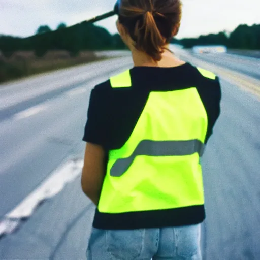 Image similar to photo, close up, emma watson in a hi vis vest picking up trash on the side of the interstate, portrait, kodak gold 2 0 0,