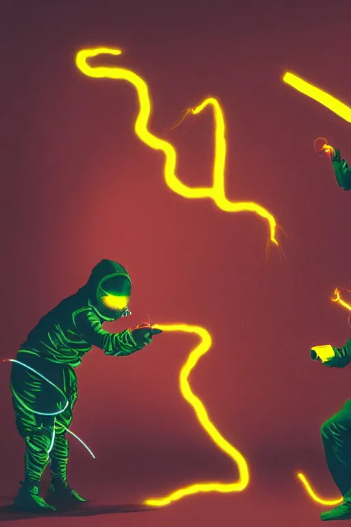 Prompt: a hyperrealistic portrait of two ninjas opening a can of glowing worms and drinking fluorescent liquid , 8k