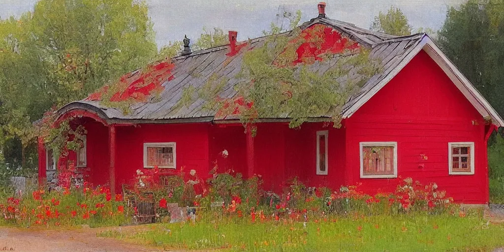 Image similar to a swedish red cottage in the style of ilya repin