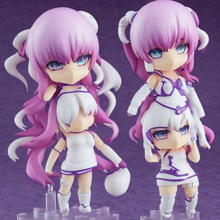 Image similar to neon white video game!!!!!!!!, neon violet!!!!!!!!!!!!!!, an ( ( ( ( anime ) ) ) ) nendoroid of neon violet, figurine, detailed product photo