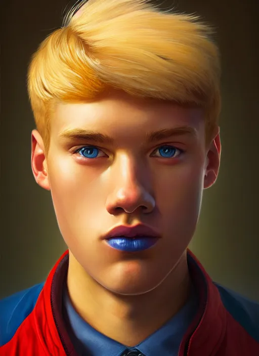 Image similar to portrait of high school senior boy named big moose, blonde short hair, jock, beefy, wide face, square jaw, square facial structure, blue varsity jacket with letter r, intricate, elegant, glowing lights, highly detailed, digital painting, artstation, concept art, sharp focus, illustration, art by wlop, mars ravelo and greg rutkowski