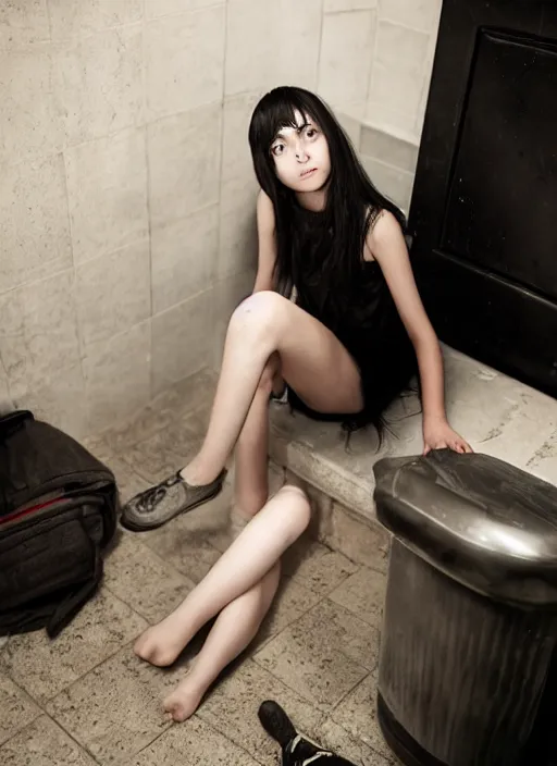 Prompt: a 1 4 year old girl eveline from resident evil 7 with straight long black hair wearing black dress that sitting on bathroom floor, model エリサヘス s from acquamodels, render in re engine