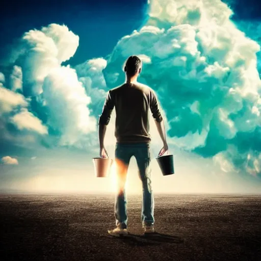 Image similar to ultra realist render of a bomb explosion cloud background, daily clothed man drinking his coffee, partial symmetry accurate features, very intricate details, focus, award winning