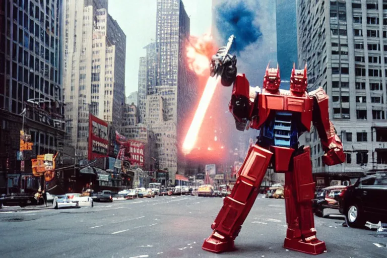 Prompt: optimus prime fighting godzilla in new york city, cinestill,