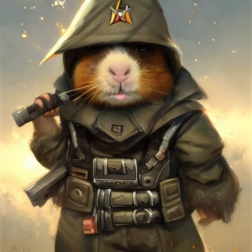 Prompt: cute little anthropomorphic Guinea Pig wearing Metal Gear outfit, ultra wide lens shot , tiny, small, short, cute and adorable, pretty, beautiful, DnD character art portrait, matte fantasy painting, DeviantArt Artstation, by Jason Felix by Steve Argyle by Tyler Jacobson by Peter Mohrbacher, cinematic lighting