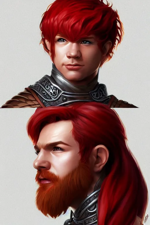 Image similar to male halfling druid with red hair and leather armor, character portrait, concept art, intricate details, highly detailed photorealistic portrait in the style of adam hughes, seseon yoon, artgerm and warren louw