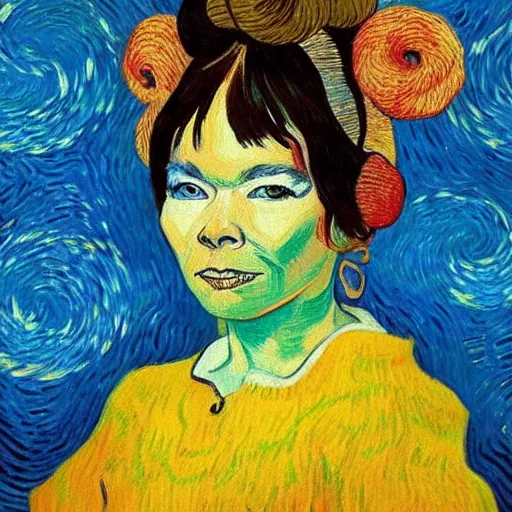 Image similar to very beautiful and very detailed and very colorful portrait of bjork, painted by van gogh