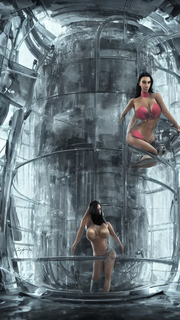 Image similar to kim kardashian inside alien water tank, attire: bikini, Polaroids, establishing action shot, ultra detailed, trending on artstation, concept art, intricate details, 8k detail, post processing, hyperealistic, octane render, led lights, full body, full shot.