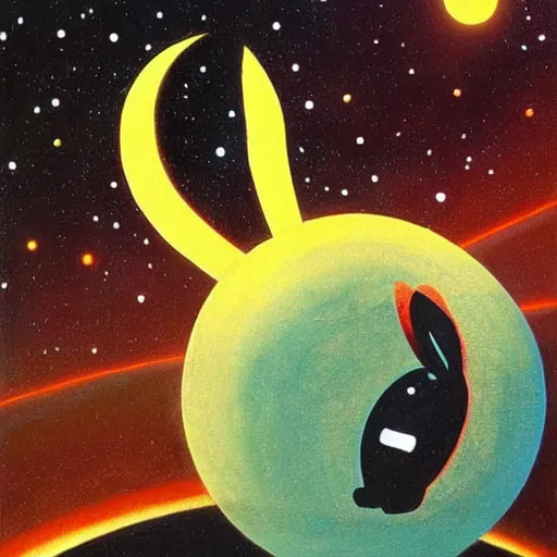 Prompt: A rabbit full of hope, looking for a black hole in an infinite time loop by Vincent Di Fate