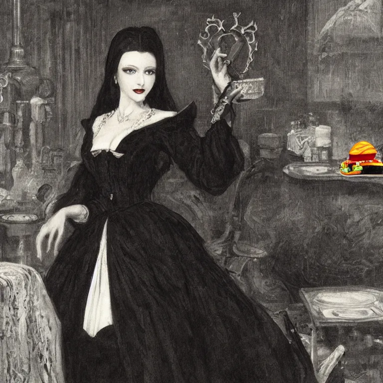 Image similar to portrait of a beautiful and grim vampire queen wearing a mcdonalds uniform serving customers by William-Adolphe Bouguerea