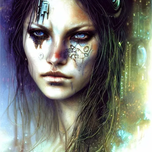 Image similar to an award finning closeup facial portrait by luis royo and john howe of a very beautiful and attractive female bohemian cyberpunk traveller aged 1 9 with green eyes and freckles in clothed in excessively fashionable cyberpunk gear and wearing ornate warpaint