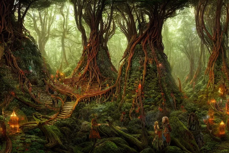 Image similar to a beautiful and highly detailed digital painting of an epic elven construction in an intricately woven forest in the misty mountains, psychedelic patterns, intricate details, epic scale, 8 k, sharp focus, photorealism, artstation, cgsociety, by caspar friedrich, albert bierstadt, james gurney, brian froud,