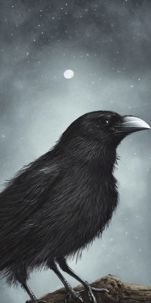 Image similar to close up portrait, crow in front of the full big moon, fantasy digital art, high definition, 8k, high details, high quality, golden and silver colors