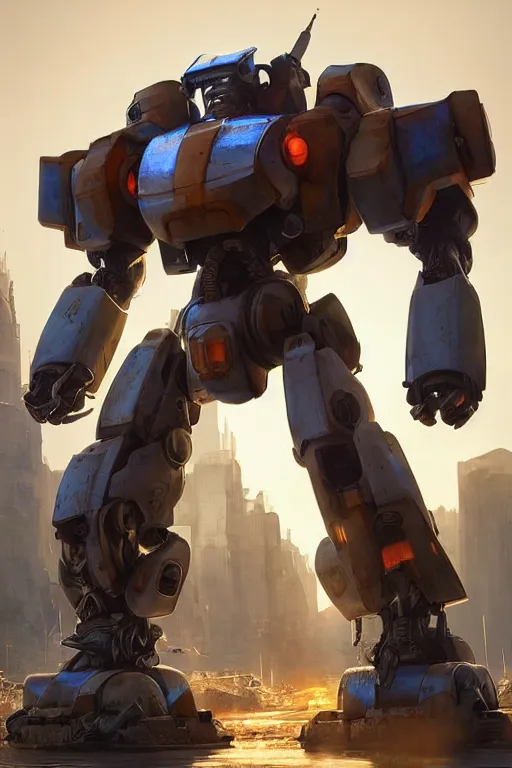 Image similar to mechwarrior 5 : mercenaries mech megaman transformer robot boss tank engine game octane render, 4 k, hd 2 0 2 2 3 d cgi rtx hdr style chrome reflexion glow fanart, global illumination ray tracing hdr fanart arstation by ian pesty by jesper ejsing pixar and disney unreal zbrush central hardmesh