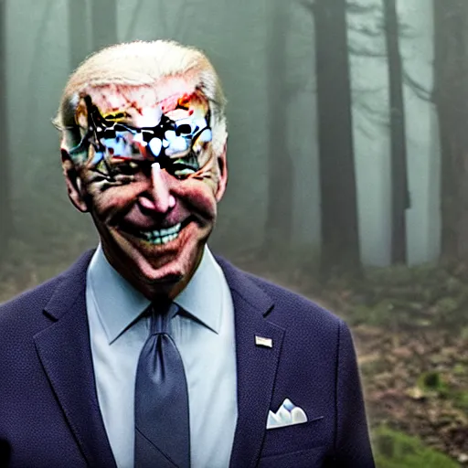 Prompt: joe biden standing ominously far in the foggy woods with a demonic wide smile in his face in the new horror movie, creepy