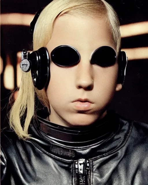 Prompt: young eminem wearing a futuristic mechanical mask with amber eye reflective lenses, and black leather body armor.