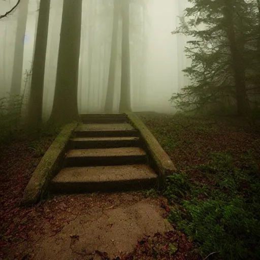 Image similar to creepy stairs in middle of forest, dark foggy misty colors!, dark forest from evil realm