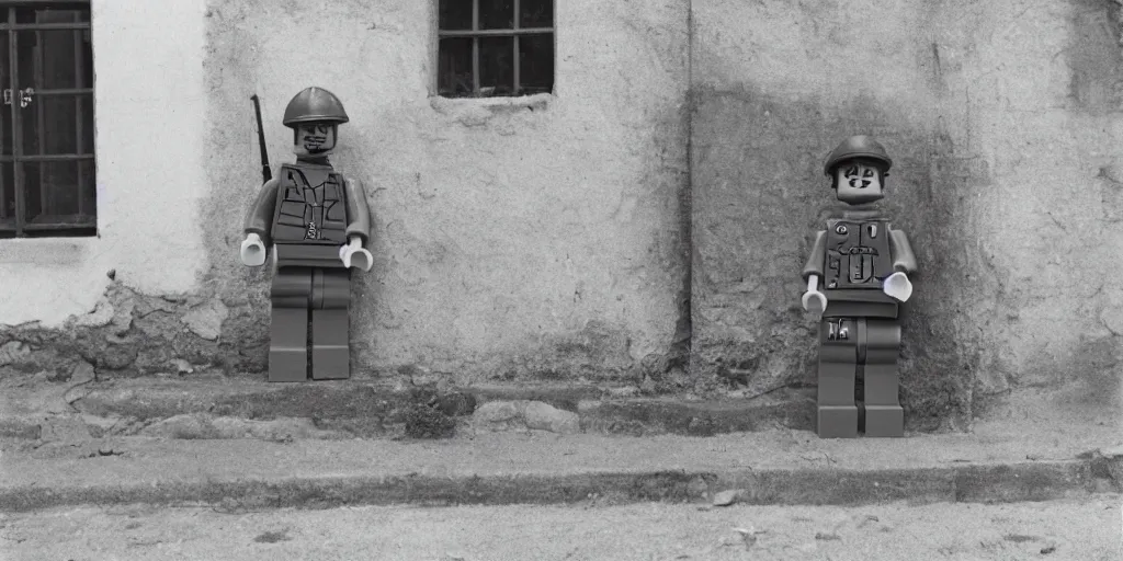 Image similar to ragged lego soldier guarding a bank in french town, military fortifications, 1 9 4 4 kodak 1 2 6 film photo, 5 0 mm lens, f 3. 5, slight light leak on camera