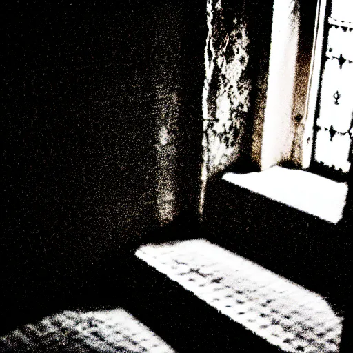 Prompt: grainy photograph of a dark and dilapidated staircase, positioned at the bottom step looking up the staircase, a ghostly presence hidden in the darkness at the top of the stairs