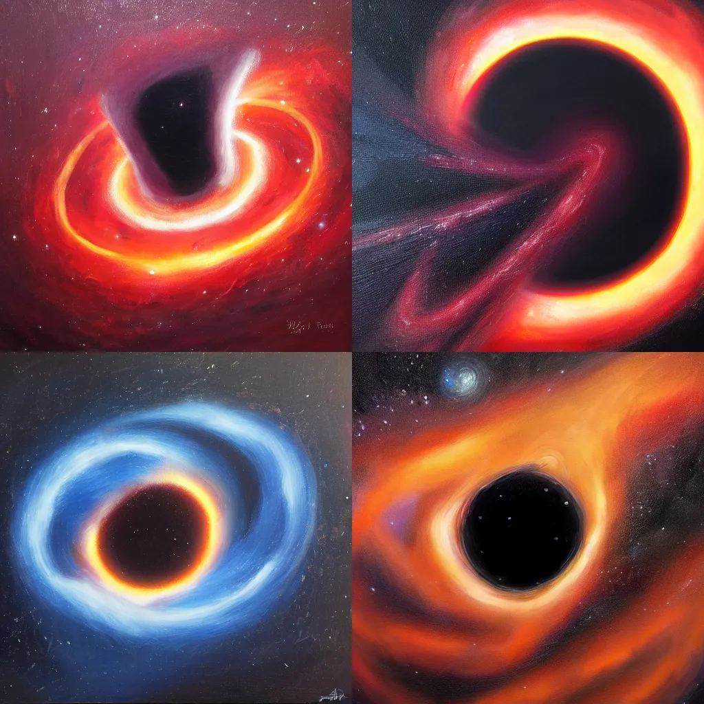 Prompt: A giant black hole at the center of a distant galaxy, oil on canvas, trending on artstation