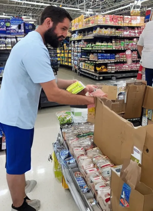 Image similar to jesus looking nervous bagging groceries on a hot day at walmart