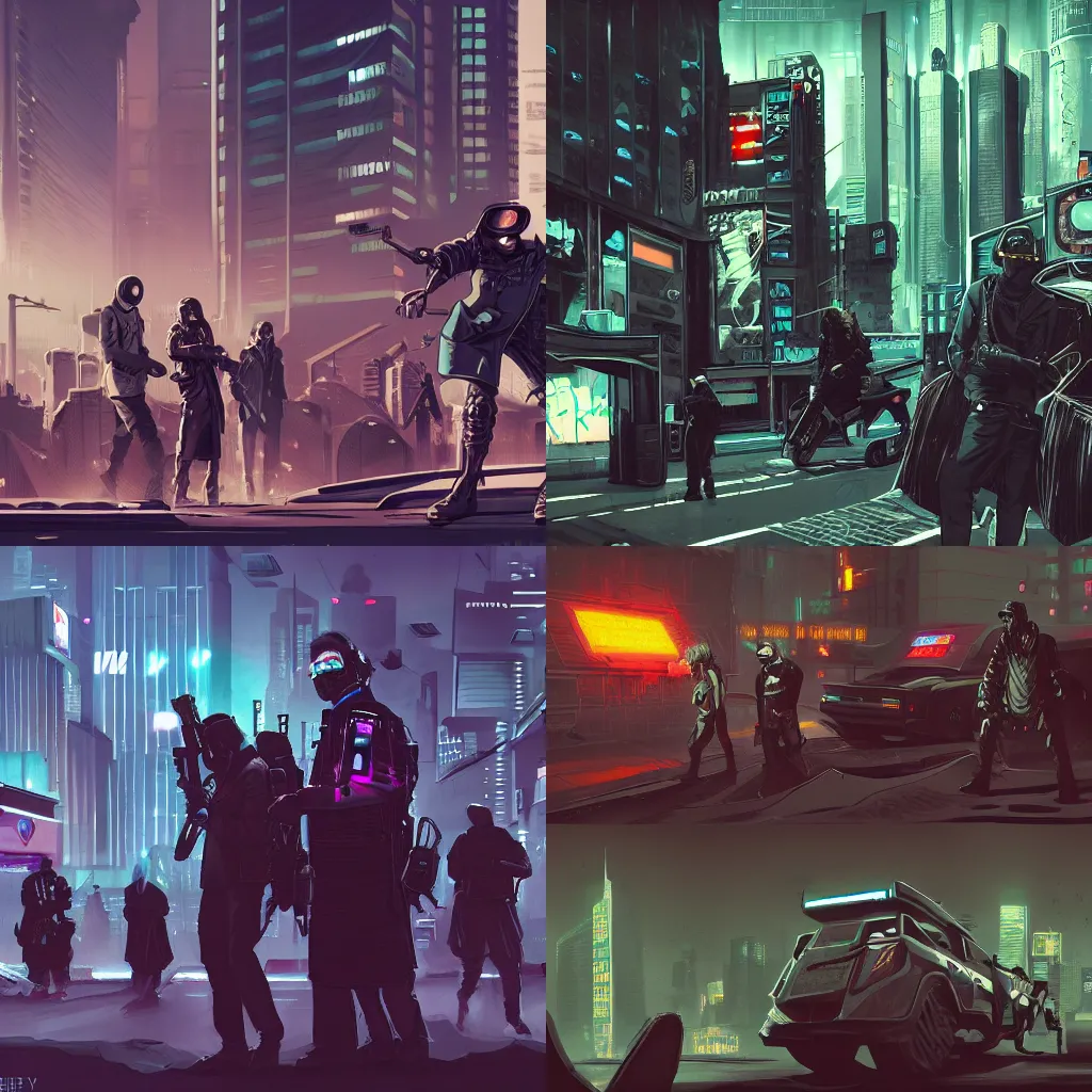 Prompt: a cyberpunk styled bank heist by an armed and armored gang. Concept art, painting, hyperdetailed, cinematic, artstation.