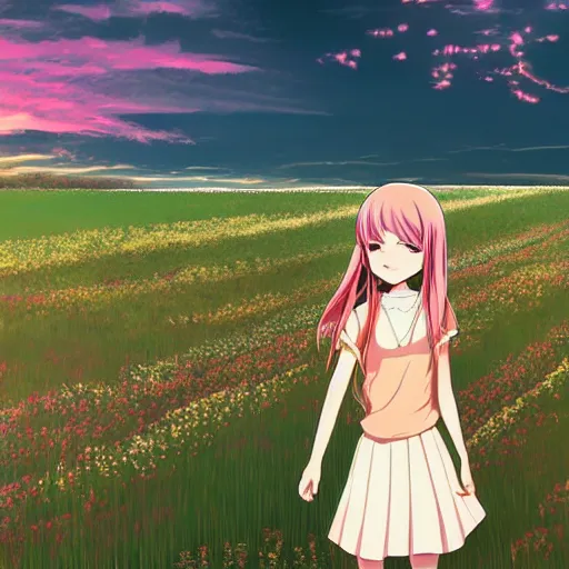 Image similar to anime girl in forground standing on flower field looking up at a cloudy sky during sunset fantasy landscape consept art, in the style of Ilya Kuvshinov, tranding on art station